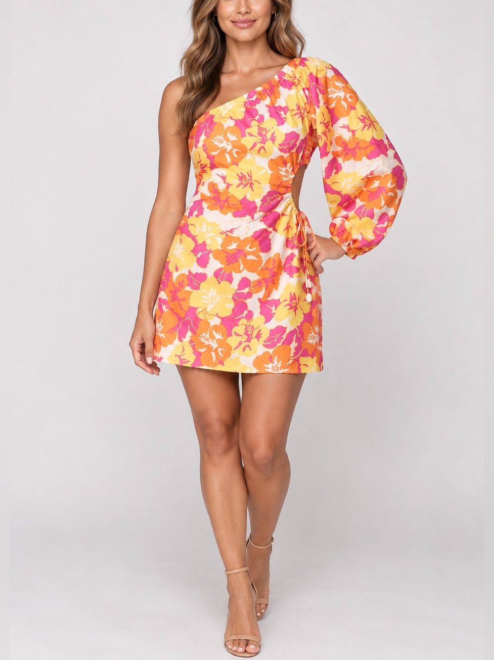 L*SPACE Kensa Floral side Cutout one shoulder Mini Dress Size Small